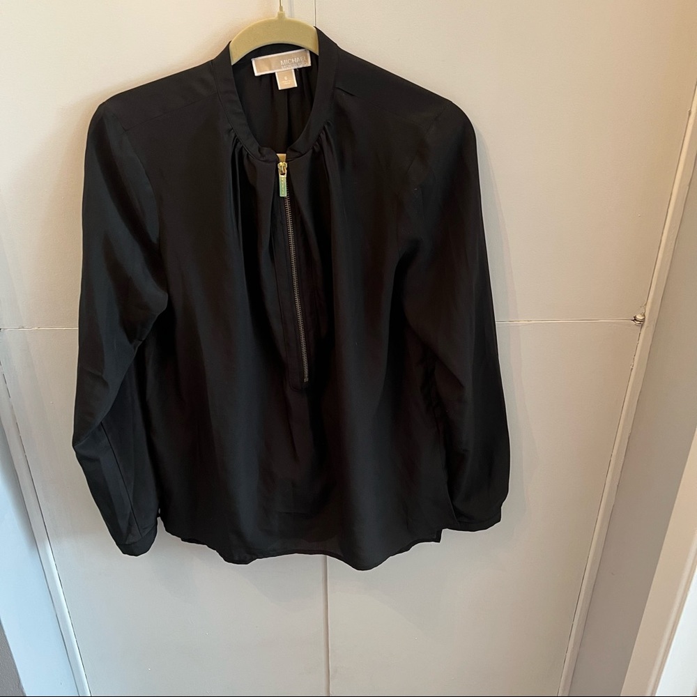 Michael Kors Black Gathered Neck with Zipper Front Long Sleeve Blouse